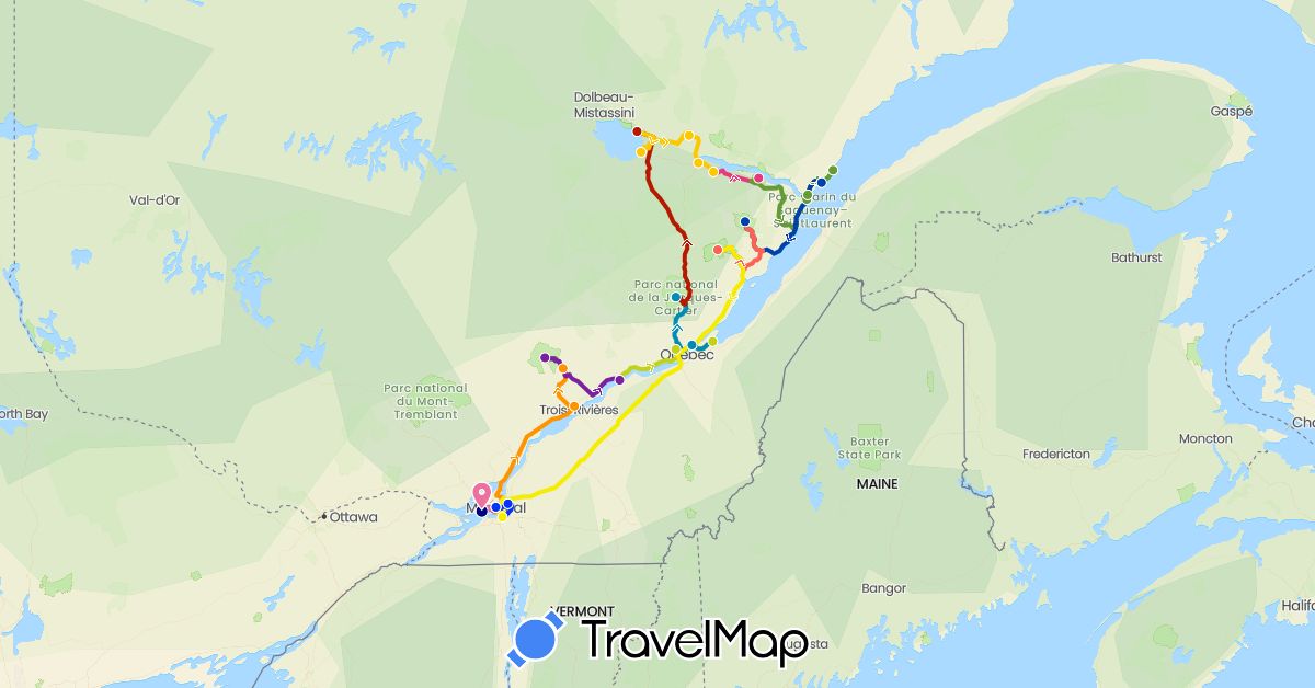 TravelMap itinerary: driving, plane, jour 3, jour 2, jour 4, jour 5, jour 6, jour 7, jour 8, jour 9, jour 10, jour 11, jour 12, jour 13, jour 14 in Canada (North America)